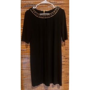Vince Camuto Black Embellished Neckline Shift Dress 12 Elbow Sleeve Gold Zip
